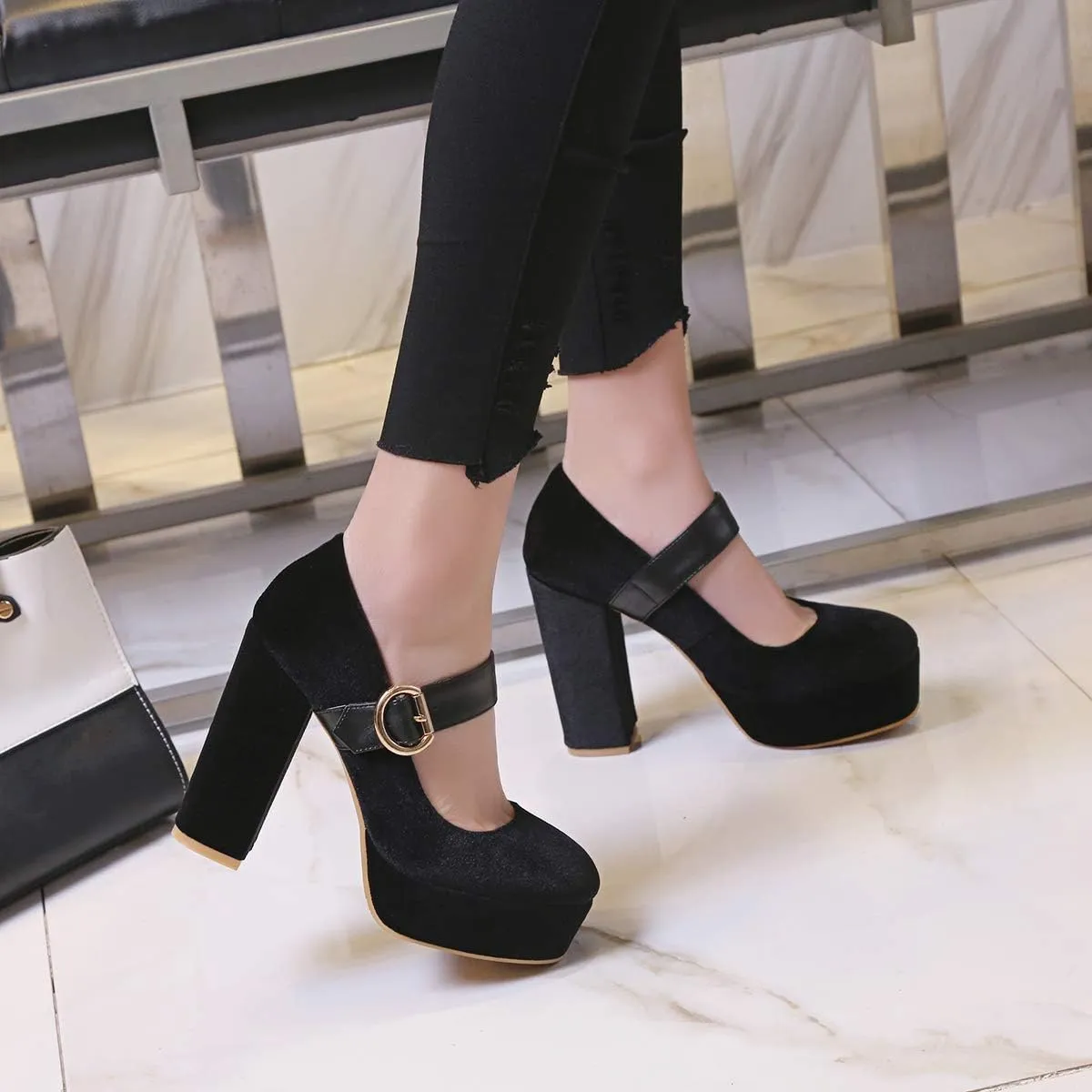 LEHOOR Women Chunky High Heel Round Toe Loafer Pumps Platform Mary Jane Ankle Strap Buckle Ladies Shoes Fashion 4-10 M US