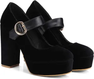 LEHOOR Women Chunky High Heel Round Toe Loafer Pumps Platform Mary Jane Ankle Strap Buckle Ladies Shoes Fashion 4-10 M US