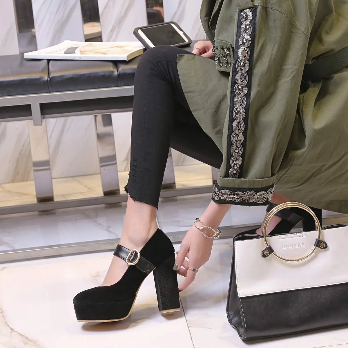 LEHOOR Women Chunky High Heel Round Toe Loafer Pumps Platform Mary Jane Ankle Strap Buckle Ladies Shoes Fashion 4-10 M US