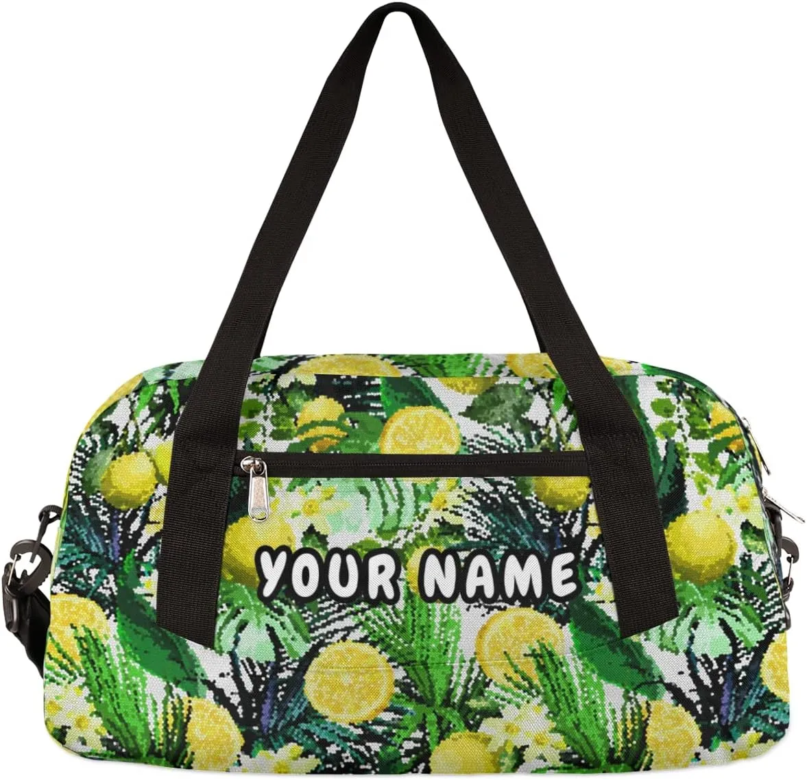 Lemon Tropical Leaves Personalized Kids Duffel Bag for Girls Boys, Lemon Debris Custom Name Dance Bag Overnight Small Duffel Bag Carry On Weekend Sports Travel Bag for School Practice Gymnastics Ballet