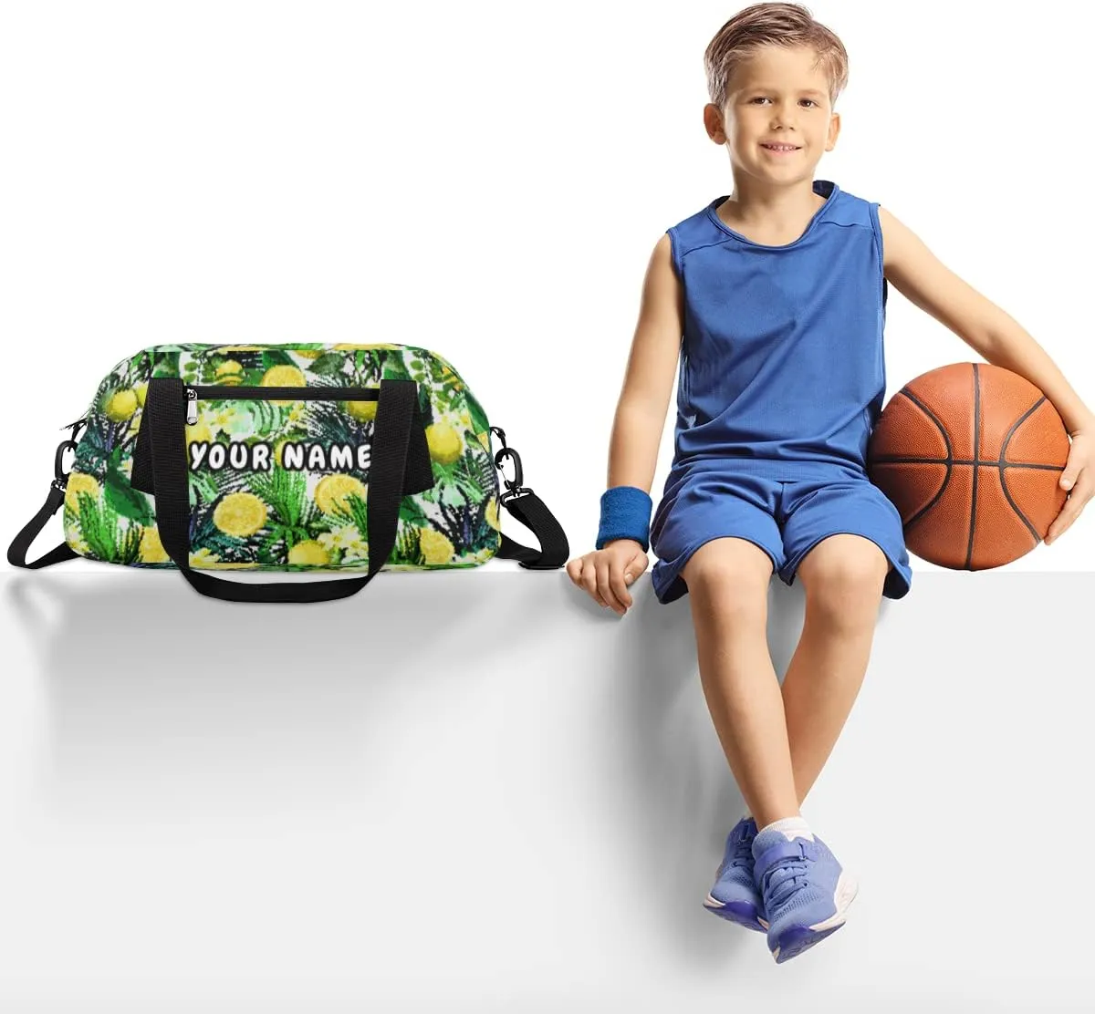 Lemon Tropical Leaves Personalized Kids Duffel Bag for Girls Boys, Lemon Debris Custom Name Dance Bag Overnight Small Duffel Bag Carry On Weekend Sports Travel Bag for School Practice Gymnastics Ballet