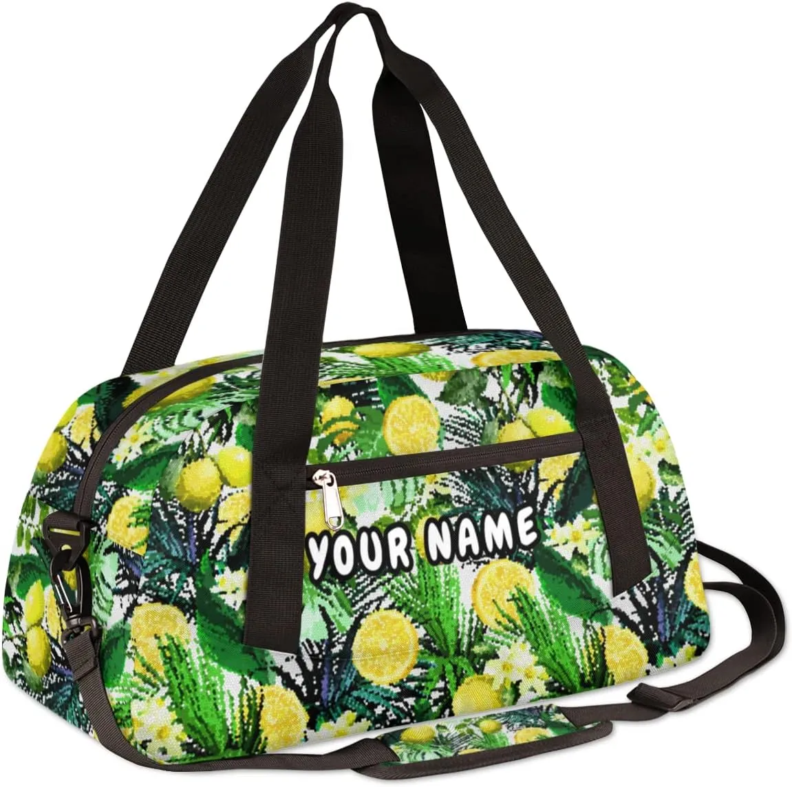 Lemon Tropical Leaves Personalized Kids Duffel Bag for Girls Boys, Lemon Debris Custom Name Dance Bag Overnight Small Duffel Bag Carry On Weekend Sports Travel Bag for School Practice Gymnastics Ballet