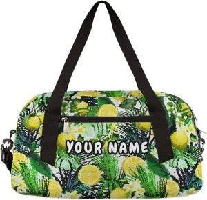 Lemon Tropical Leaves Personalized Kids Duffel Bag for Girls Boys, Lemon Debris Custom Name Dance Bag Overnight Small Duffel Bag Carry On Weekend Sports Travel Bag for School Practice Gymnastics Ballet