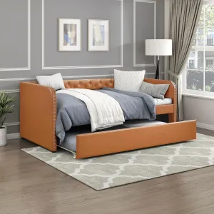 Lexicon Faux Leather Daybed with Trundle, Solid Wood Frame, Nailhead Trim, Wood Slat Support, Button Tufted Trundle Day Bed Sofa Bed for Bedroom/Guest Room, No Box Spring Needed, Twin, Matte Brown