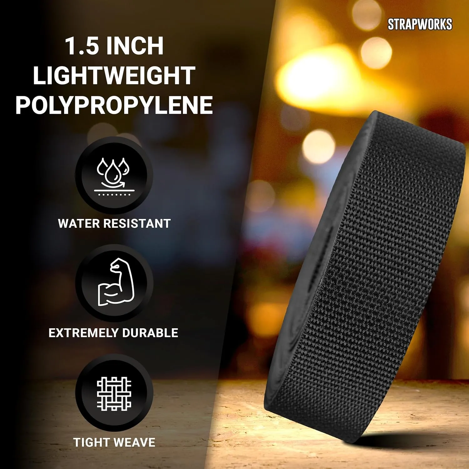 Lightweight Polypropylene Webbing - Poly Strapping for Outdoor DIY Gear Repair, Pet Collars, Crafts – 1.5 Inch by 10, 25, or 50 Yards, Over 20 Colors
