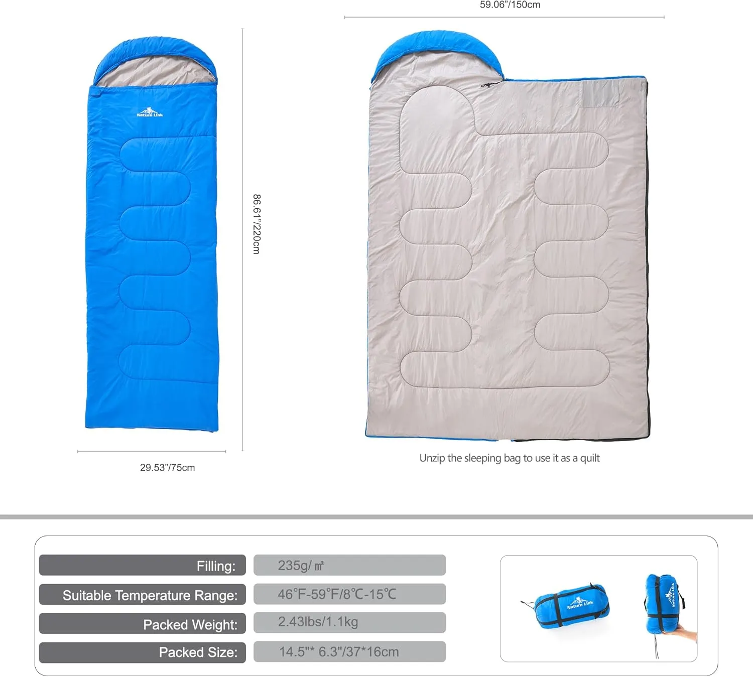 Lightweight Sleeping Bag 2.43lbs, Backpacking Sleeping Bag 46℉-59℉, Nylon Shell and Lining, Waterproof, Compact, Ultralight Sleeping Bag for Backpacking Camping Hiking