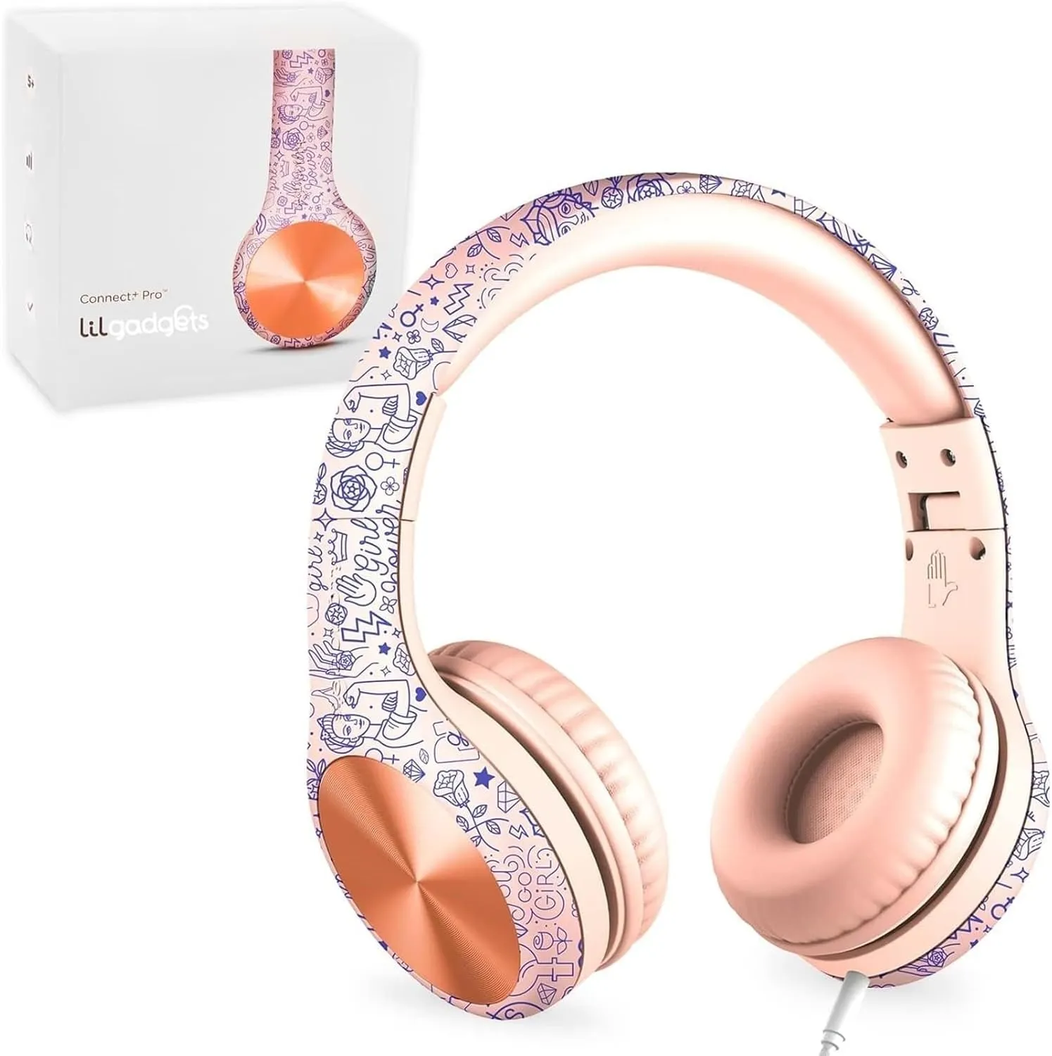 LilGadgets Connect  Pro Wired Kids Headphones for School w/Microphone, Volume & Noise Reduction Over-Ear Headset w/Cord, SharePort Technology & SoftTouch Padding, Girl Power - Headphones for Kids