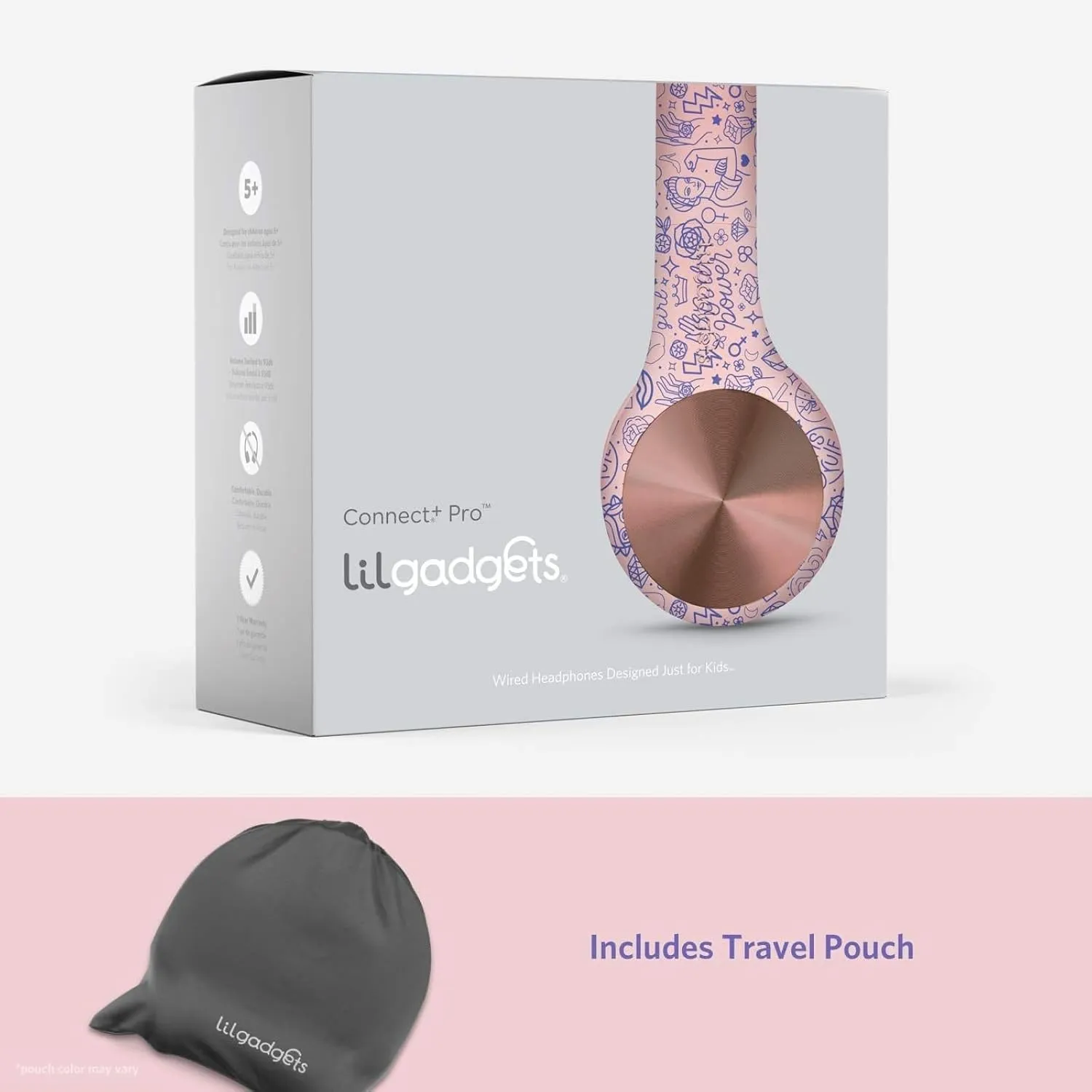 LilGadgets Connect  Pro Wired Kids Headphones for School w/Microphone, Volume & Noise Reduction Over-Ear Headset w/Cord, SharePort Technology & SoftTouch Padding, Girl Power - Headphones for Kids