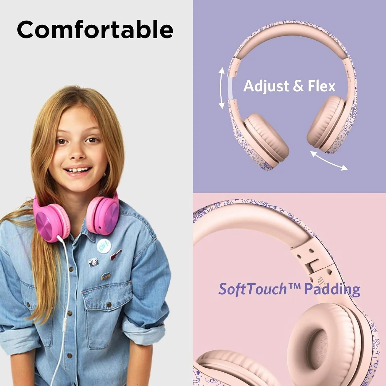 LilGadgets Connect  Pro Wired Kids Headphones for School w/Microphone, Volume & Noise Reduction Over-Ear Headset w/Cord, SharePort Technology & SoftTouch Padding, Girl Power - Headphones for Kids