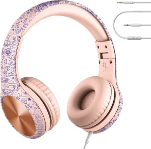 LilGadgets Connect  Pro Wired Kids Headphones for School w/Microphone, Volume & Noise Reduction Over-Ear Headset w/Cord, SharePort Technology & SoftTouch Padding, Girl Power - Headphones for Kids
