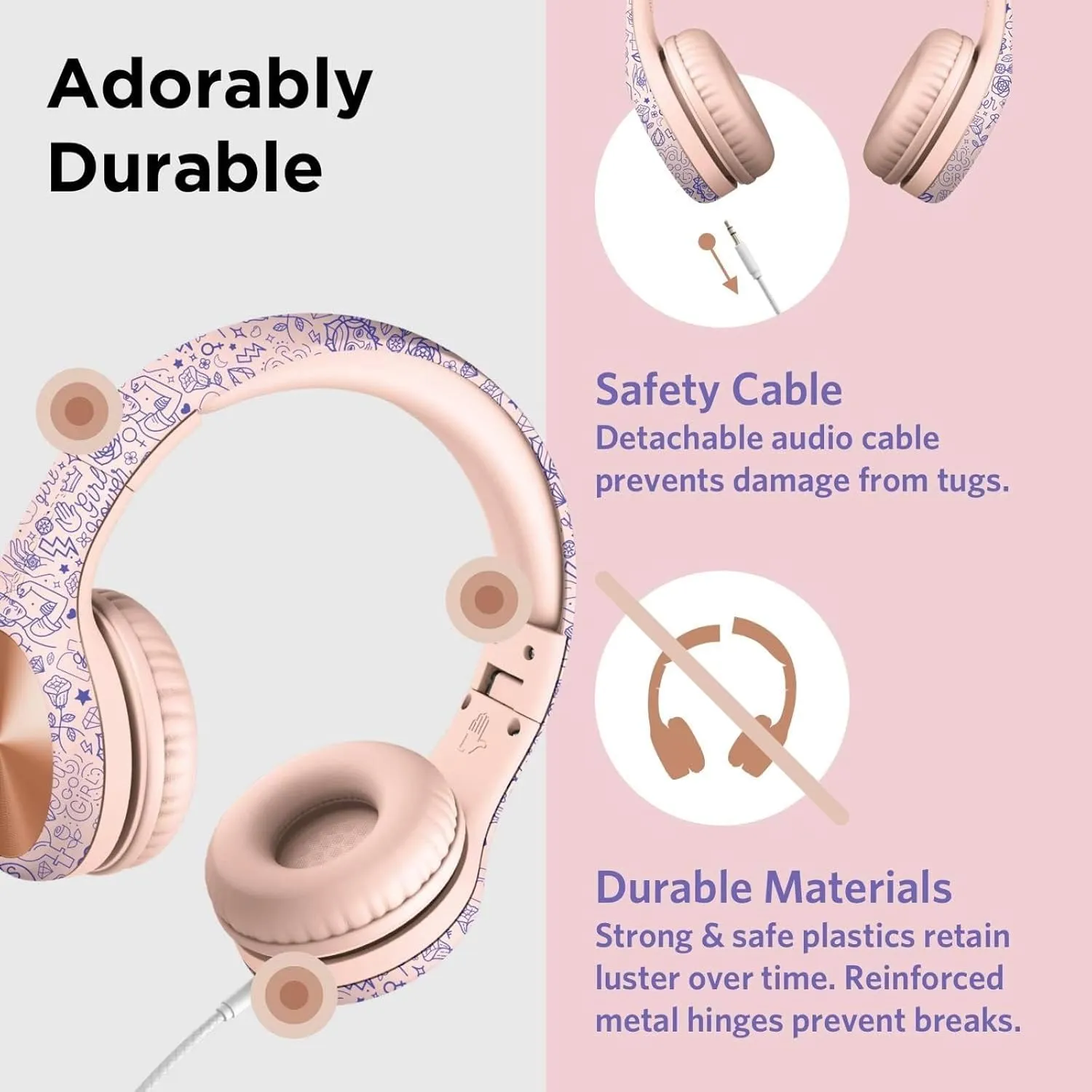 LilGadgets Connect  Pro Wired Kids Headphones for School w/Microphone, Volume & Noise Reduction Over-Ear Headset w/Cord, SharePort Technology & SoftTouch Padding, Girl Power - Headphones for Kids