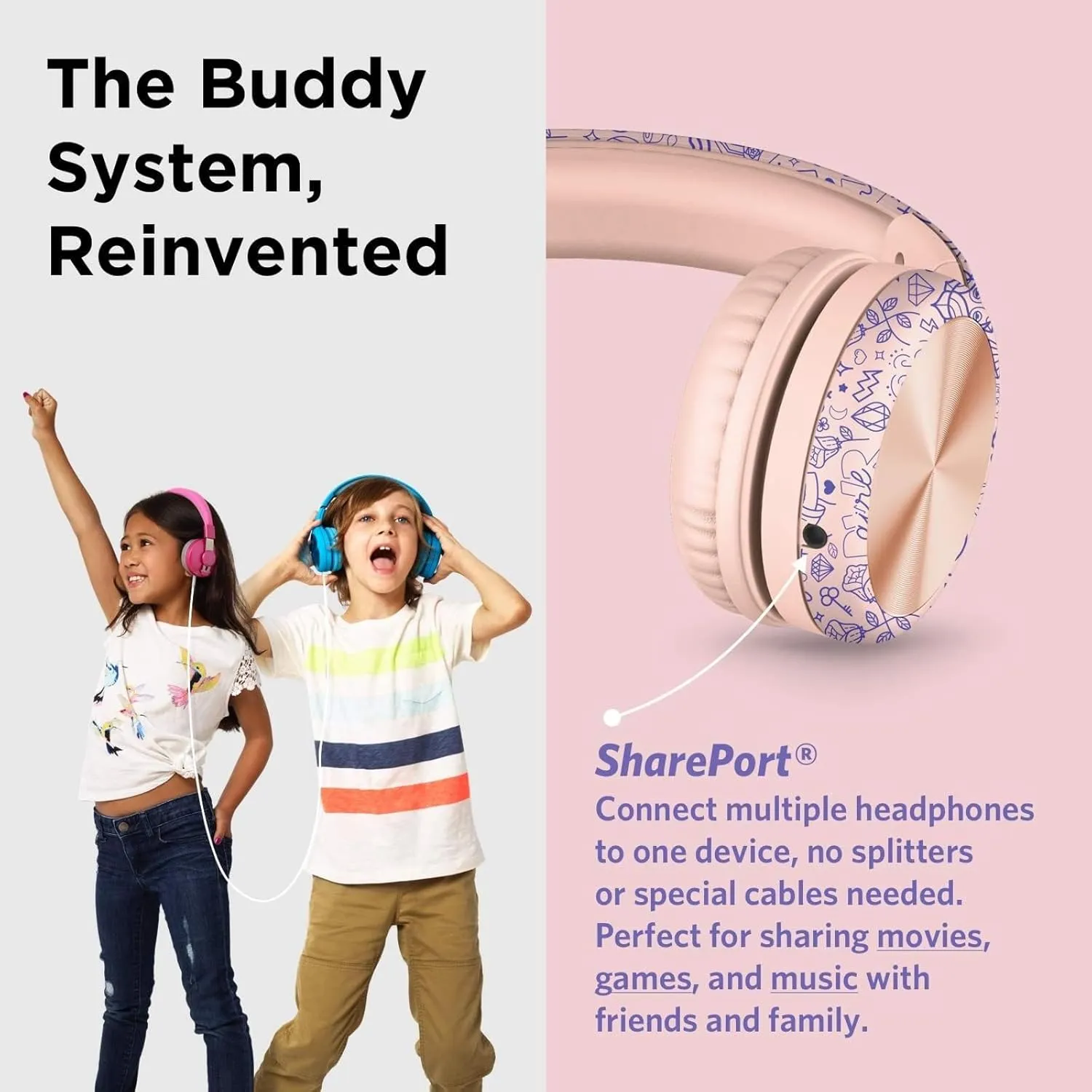 LilGadgets Connect  Pro Wired Kids Headphones for School w/Microphone, Volume & Noise Reduction Over-Ear Headset w/Cord, SharePort Technology & SoftTouch Padding, Girl Power - Headphones for Kids