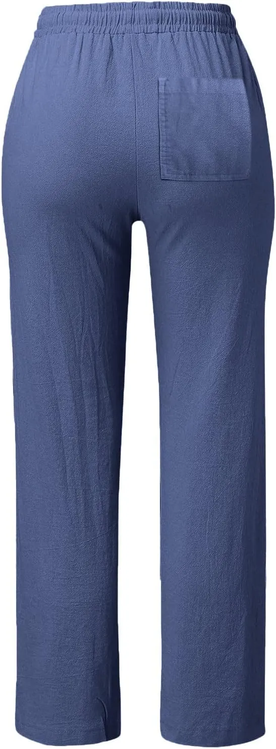 Linen Cotton Pants Women 2025 High Waisted Elastic Solid Trousers Palazzo Baggy Wide Leg Spri
