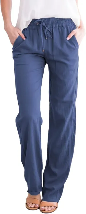 Linen Cotton Pants Women 2025 High Waisted Elastic Solid Trousers Palazzo Baggy Wide Leg Spri