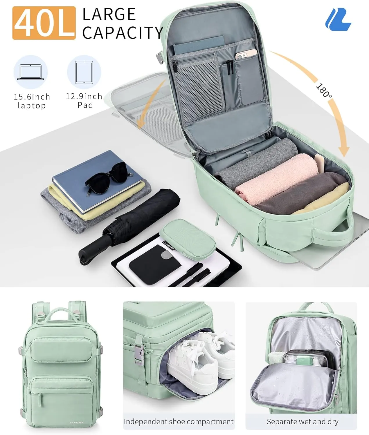 LIVACASA Waterproof Travel Backpack for Women, 40L Airline Approved Carry on Laptop Backpack with Compartment and USB Port
