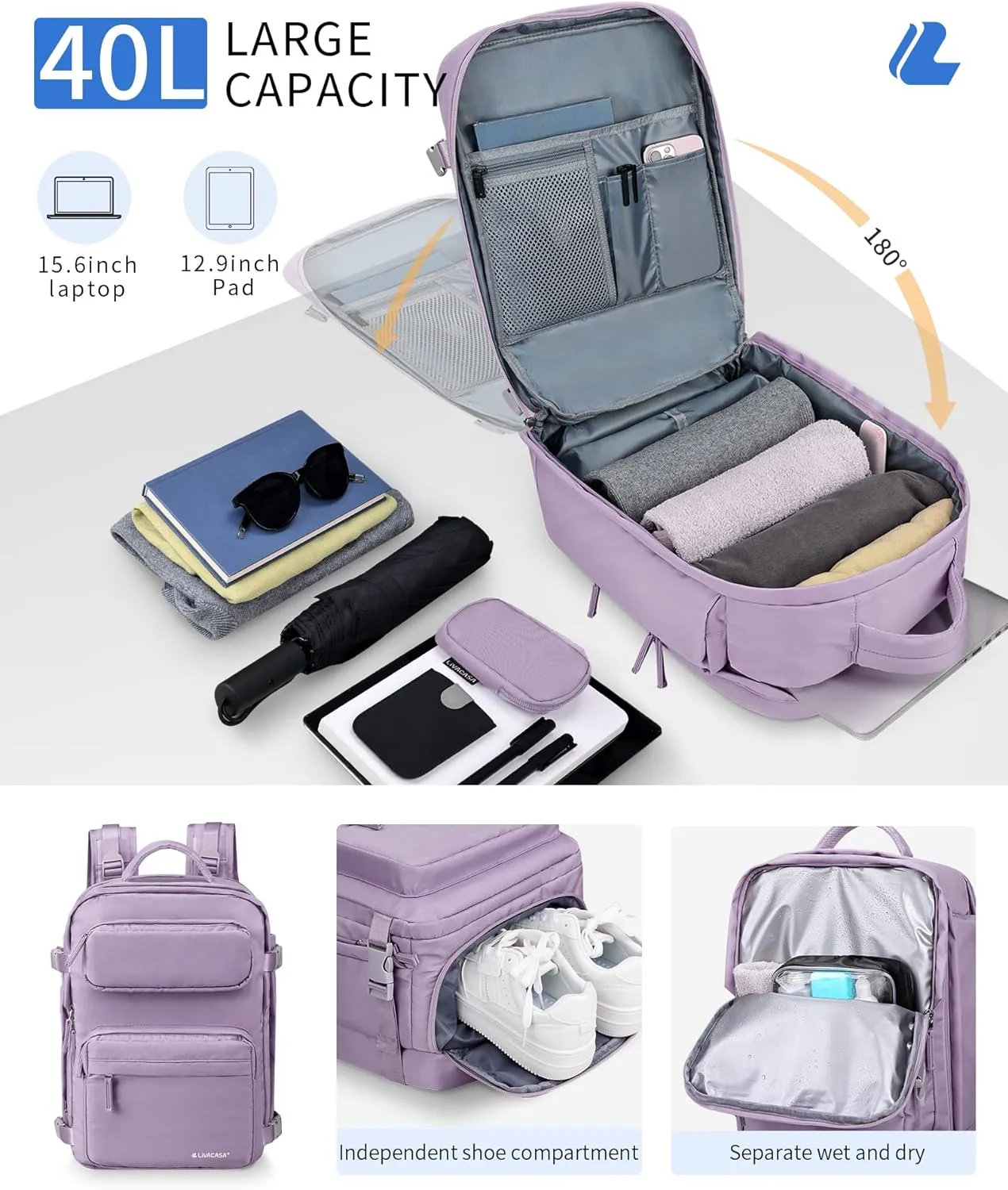 LIVACASA Waterproof Travel Backpack for Women, 40L Airline Approved Carry on Laptop Backpack with Compartment and USB Port
