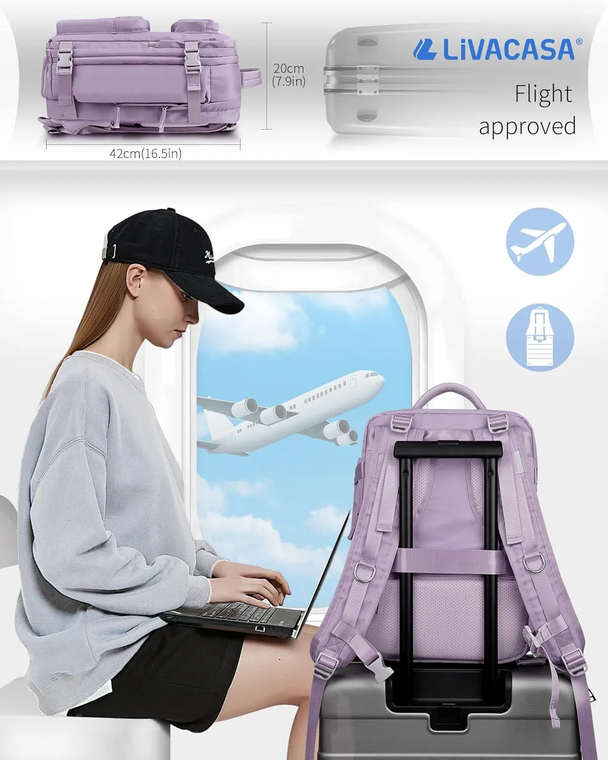 LIVACASA Waterproof Travel Backpack for Women, 40L Airline Approved Carry on Laptop Backpack with Compartment and USB Port