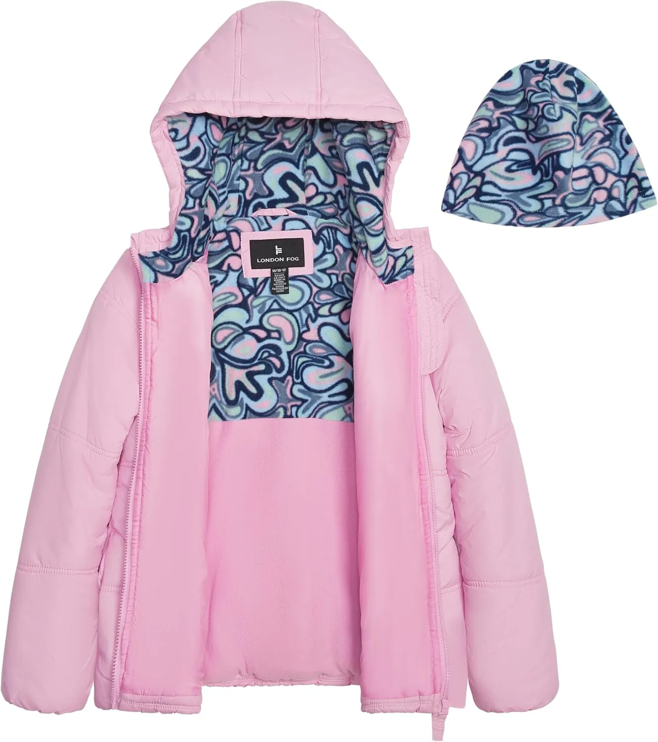 LONDON FOG Baby Girls' Heavyweight Quilted Puffer Jacket with Fleece Beanie