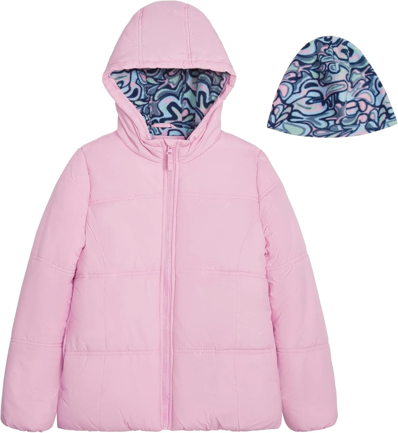 LONDON FOG Baby Girls' Heavyweight Quilted Puffer Jacket with Fleece Beanie