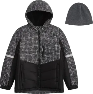 LONDON FOG Boys' Heavyweight Hooded Puffer Jacket with Sherpa-Lined Hood & Fleece Beanie