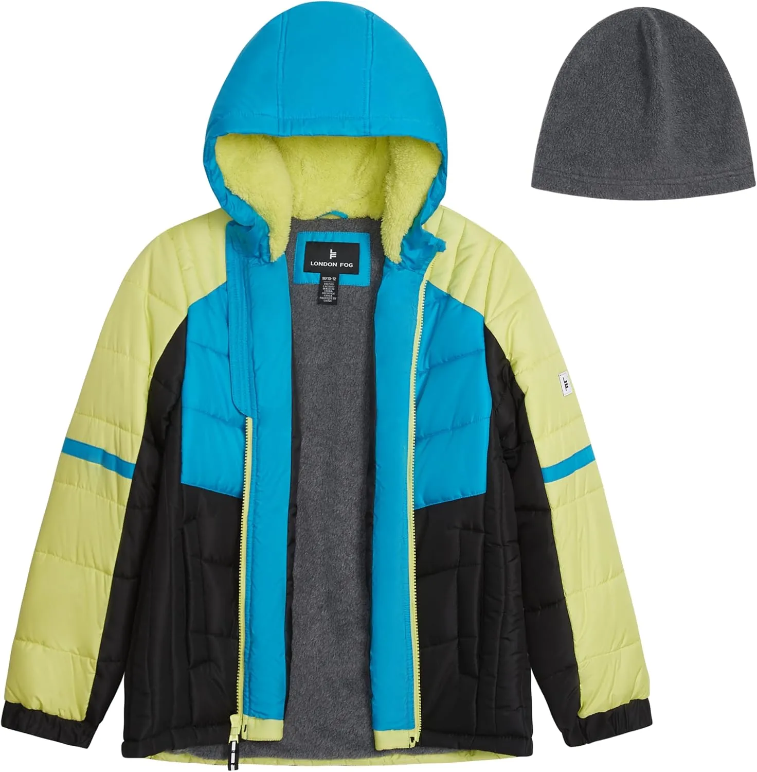 LONDON FOG Boys' Heavyweight Hooded Puffer Jacket with Sherpa-Lined Hood & Fleece Beanie