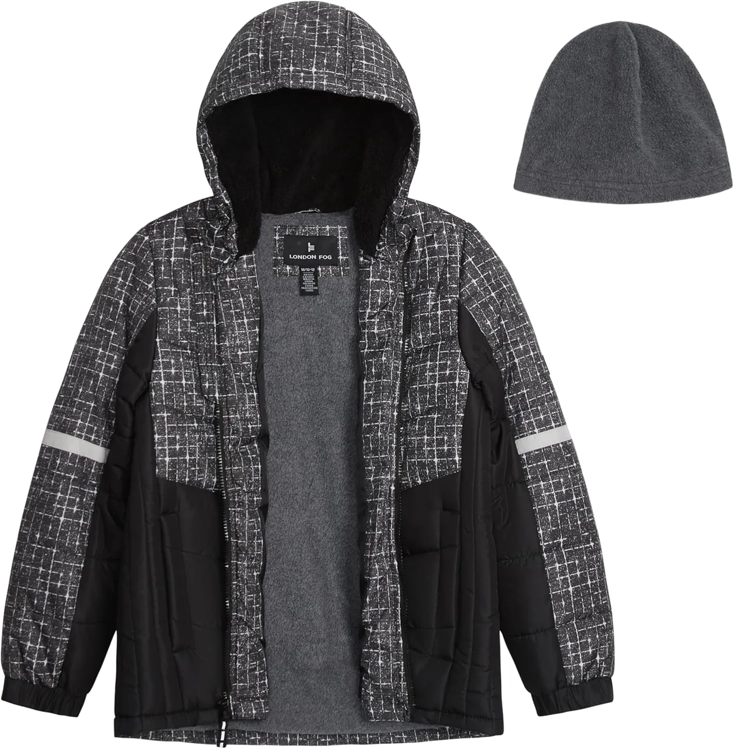 LONDON FOG Boys' Heavyweight Hooded Puffer Jacket with Sherpa-Lined Hood & Fleece Beanie