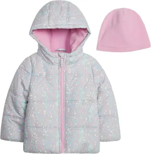 LONDON FOG Girls' Heavyweight Quilted Puffer Jacket with Fleece Beanie