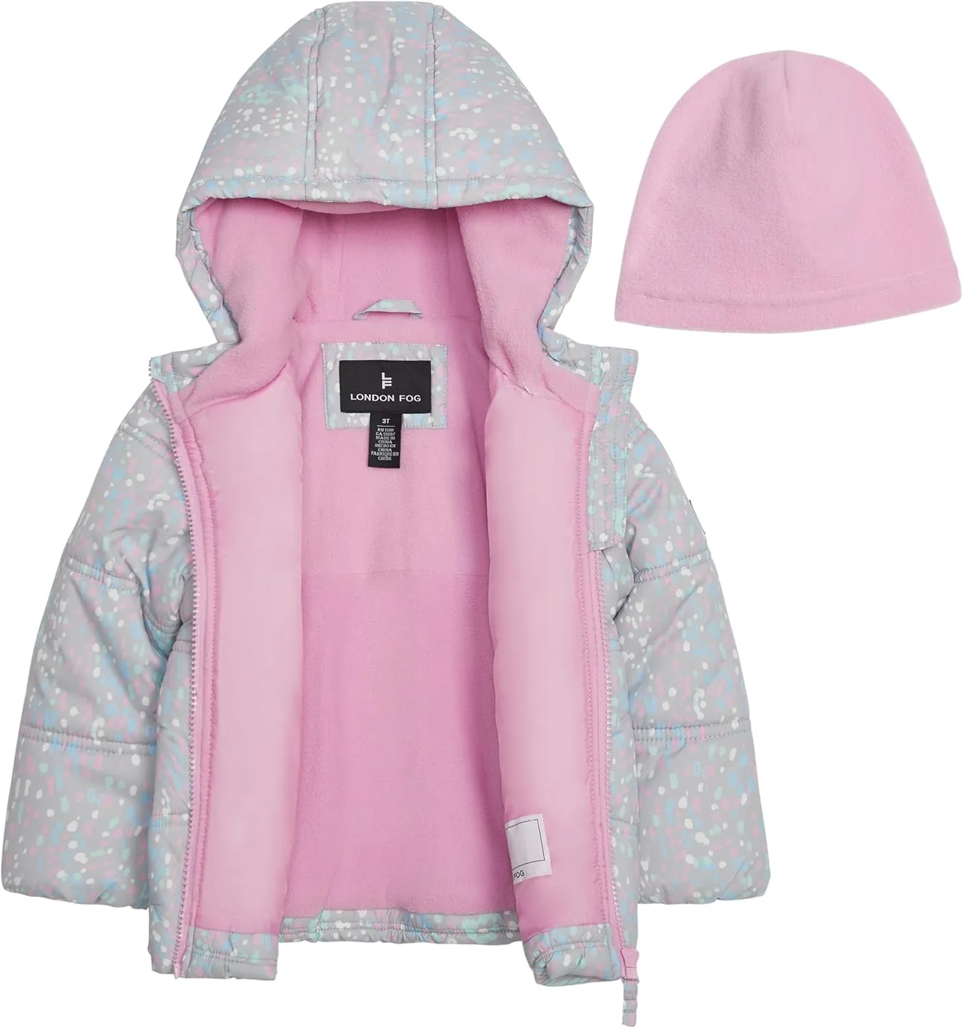 LONDON FOG Girls' Heavyweight Quilted Puffer Jacket with Fleece Beanie