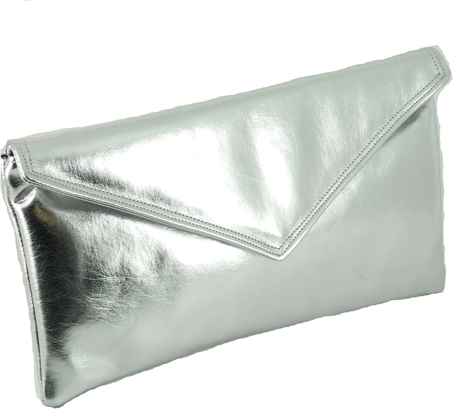 LONI Womens Neat envelope metallic faux leather clutch/shoulder/evening bag - silver or gold