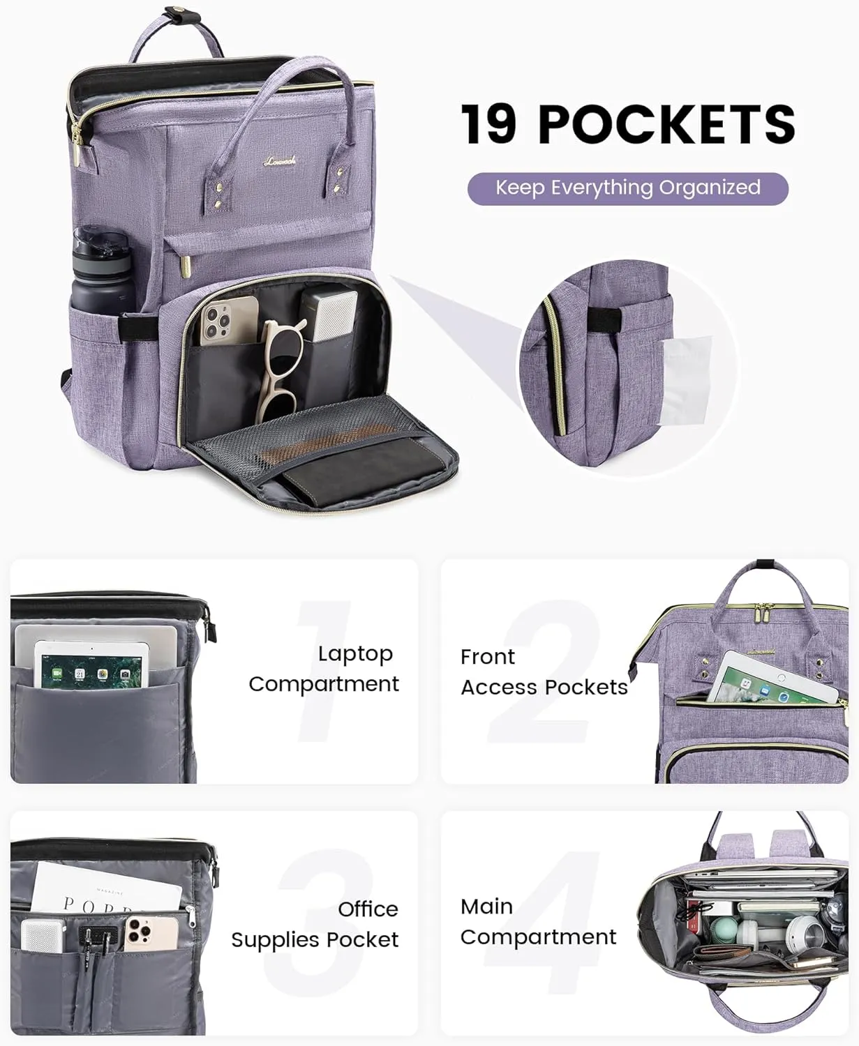 LOVEVOOK College Laptop Backpack, 15.6 Inch Travel Backpack for College, Waterproof Work Backpack Woman for Teacher Nurse Anti-theft Travel Back Pack, Gifts for Women, Purple