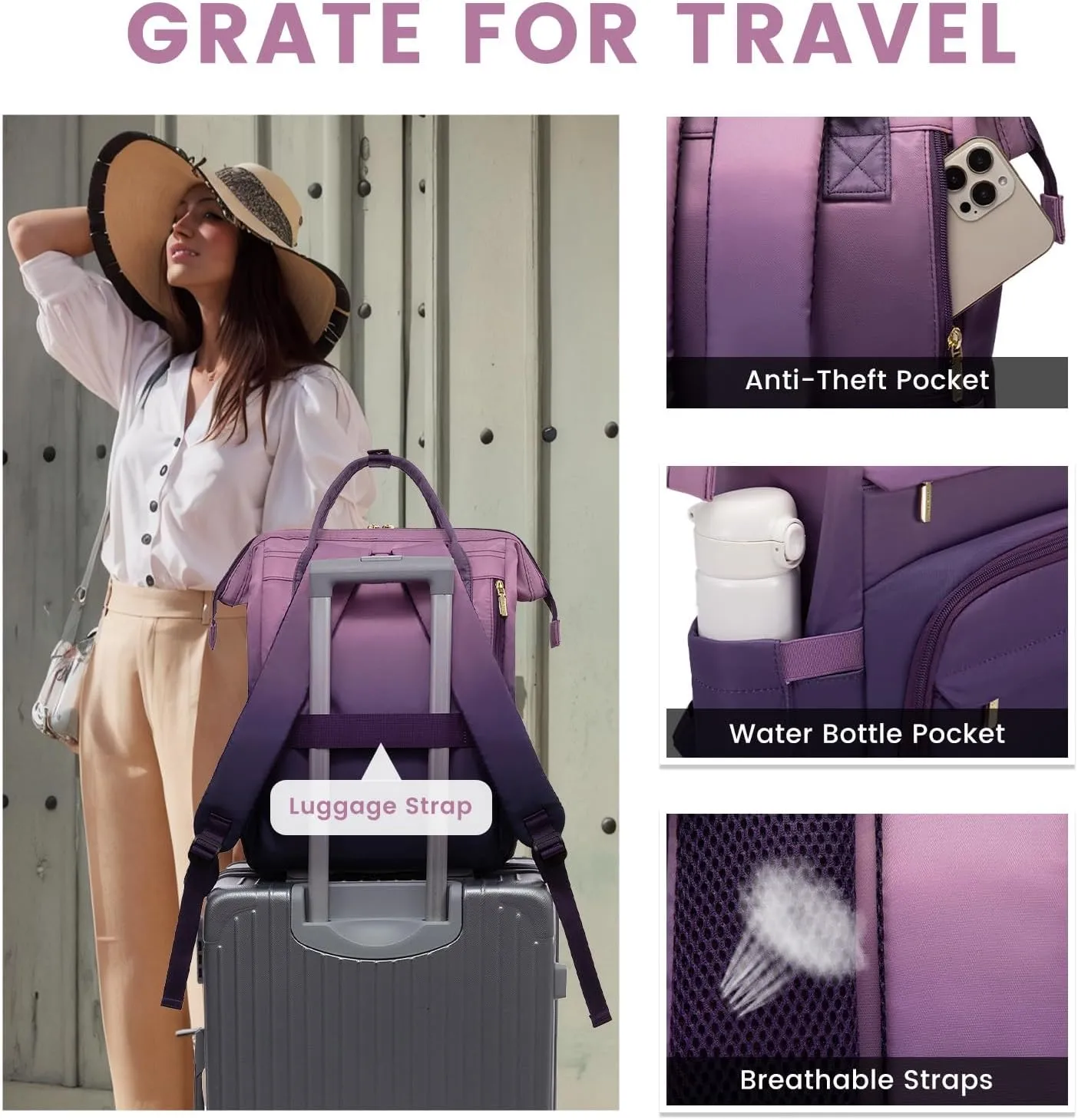 LOVEVOOK Gradient Laptop Backpack for Women,15.6 Inch Work Computer Bakcpack Purse Laptop Bag With Anti-Theft Pocket,Waterproof Carry on Teacher College Backpack for Travel,Purple-Pink