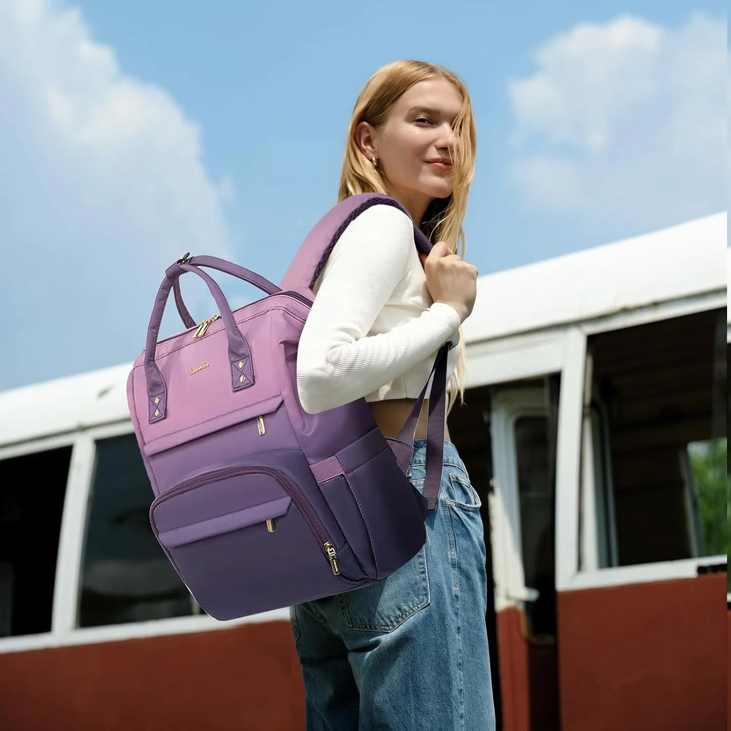 LOVEVOOK Gradient Laptop Backpack for Women,15.6 Inch Work Computer Bakcpack Purse Laptop Bag With Anti-Theft Pocket,Waterproof Carry on Teacher College Backpack for Travel,Purple-Pink