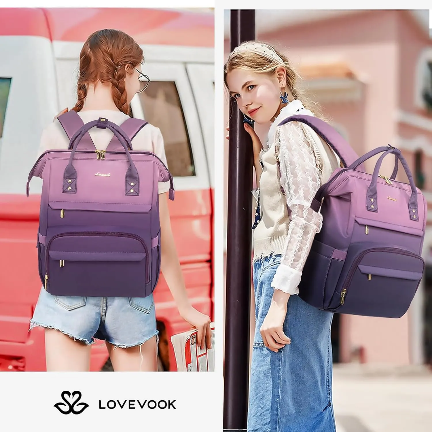 LOVEVOOK Gradient Laptop Backpack for Women,15.6 Inch Work Computer Bakcpack Purse Laptop Bag With Anti-Theft Pocket,Waterproof Carry on Teacher College Backpack for Travel,Purple-Pink