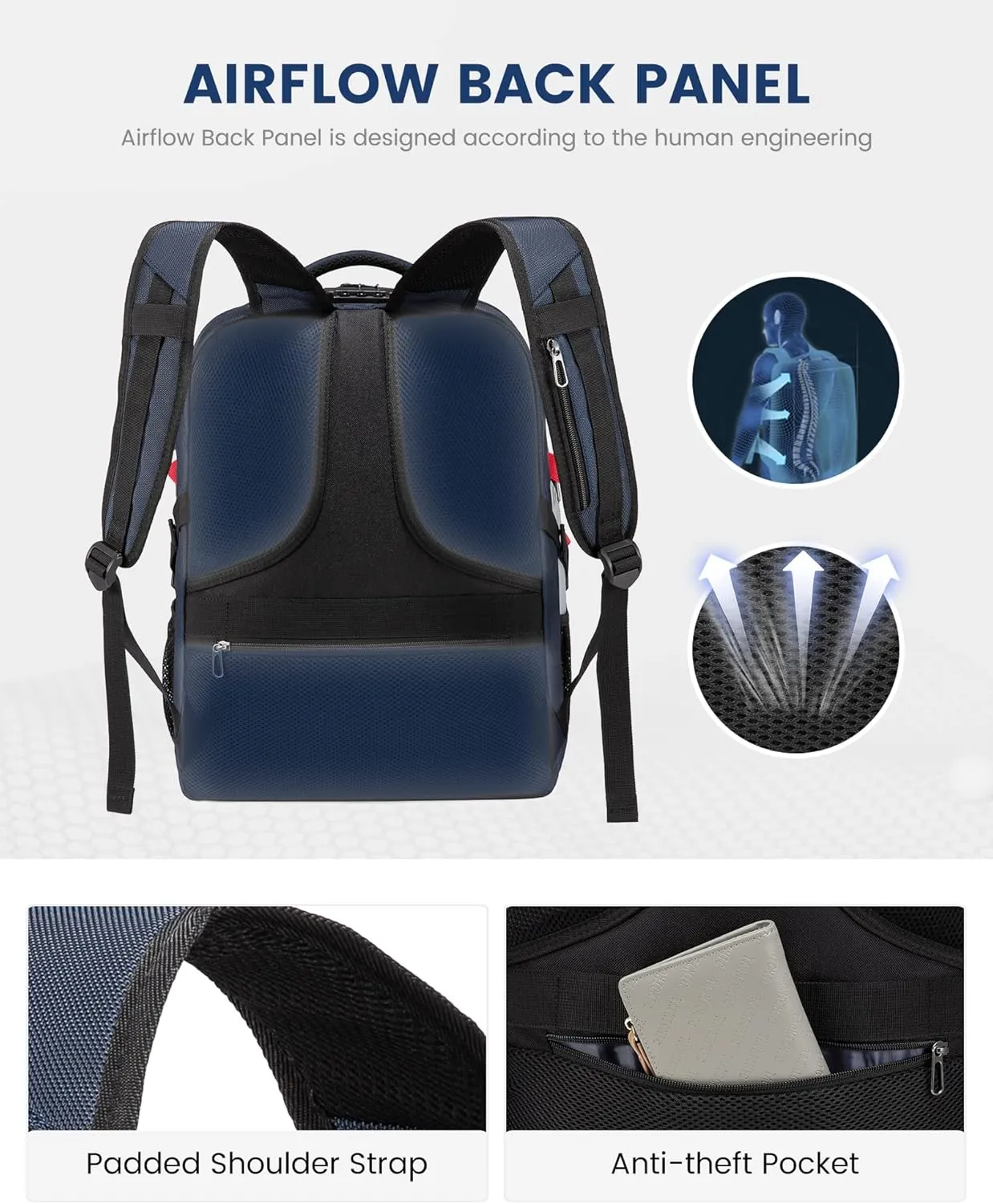 LOVEVOOK Travel Laptop Backpack Waterproof Anti Theft Backpack with Lock and USB Charging Port Large Computer Business Backpack for Men College Backpack (17 inch,Blue&White
