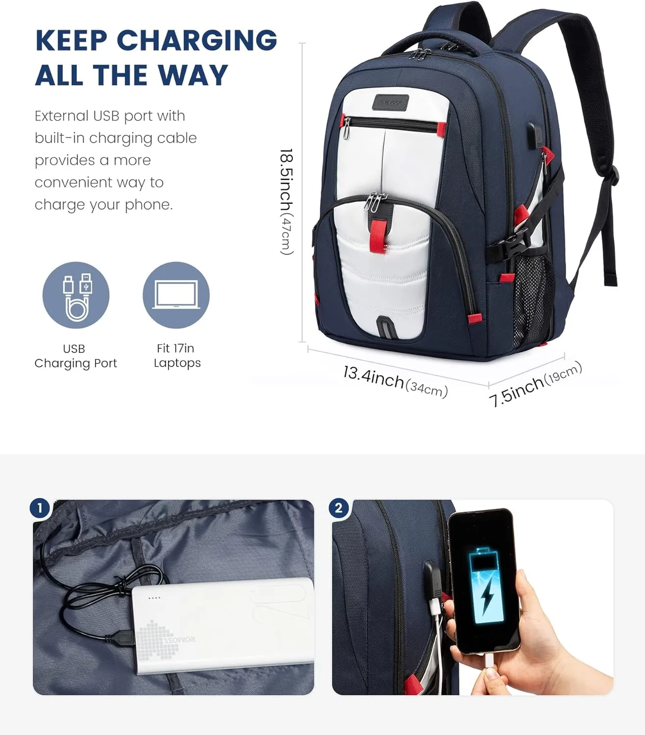 LOVEVOOK Travel Laptop Backpack Waterproof Anti Theft Backpack with Lock and USB Charging Port Large Computer Business Backpack for Men College Backpack (17 inch,Blue&White