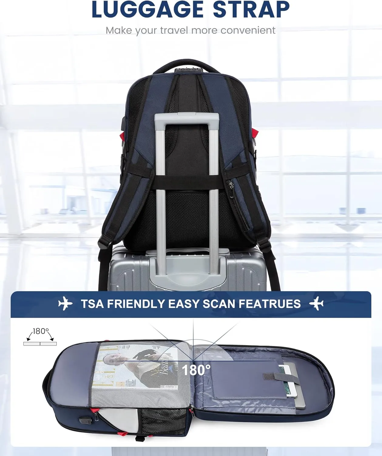 LOVEVOOK Travel Laptop Backpack Waterproof Anti Theft Backpack with Lock and USB Charging Port Large Computer Business Backpack for Men College Backpack (17 inch,Blue&White
