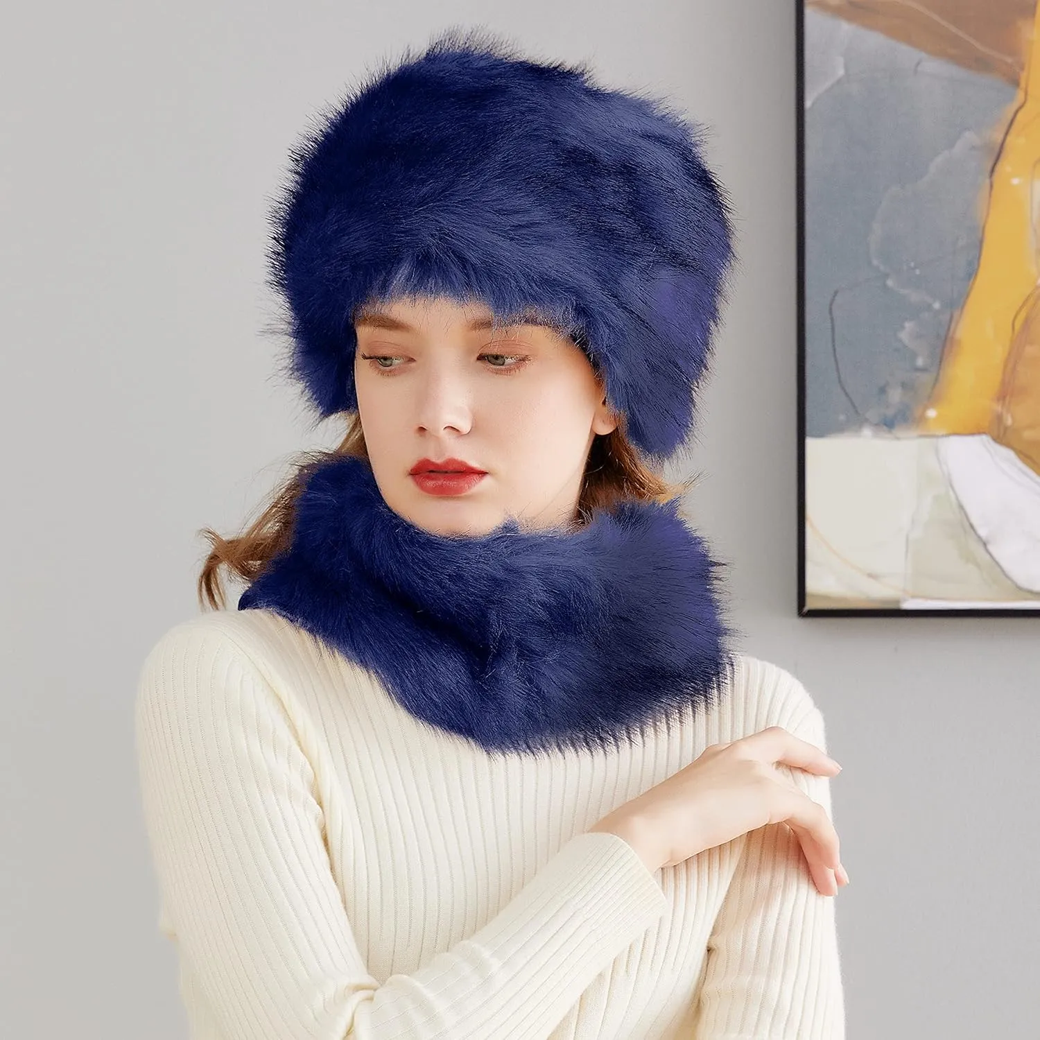 Lovful Faux Fur Women Russian Cossack Style Hat,Scarf Set for Ladies