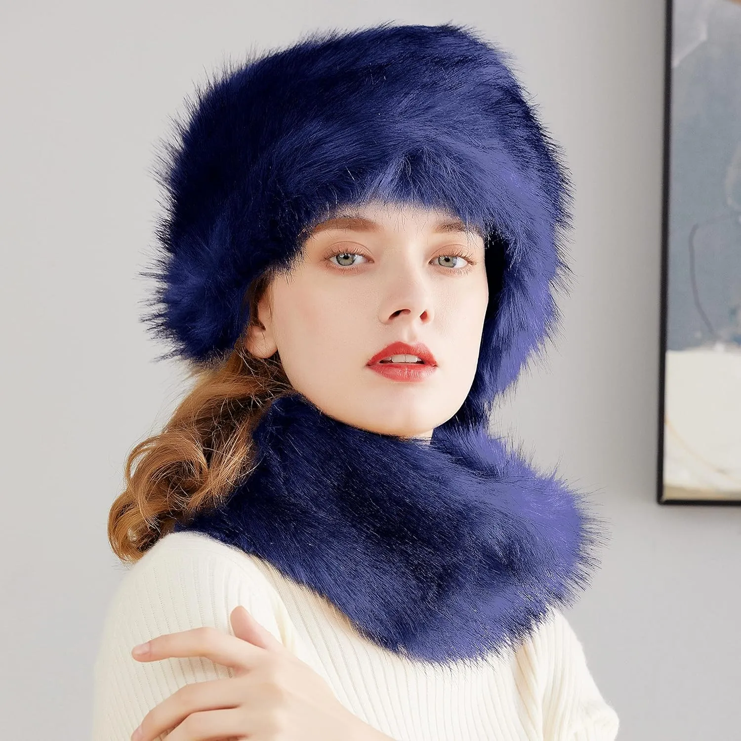 Lovful Faux Fur Women Russian Cossack Style Hat,Scarf Set for Ladies