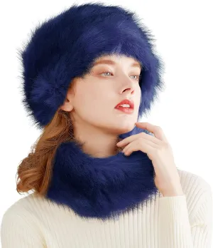 Lovful Faux Fur Women Russian Cossack Style Hat,Scarf Set for Ladies