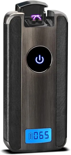 Luxury Arc Lighter Wireless Charging USB Rechargeable Lighter Leather Cover Touch Screen flameless Ignition Electric Lighter with Gift Box and Wireless Charger (Black-Black Leather)
