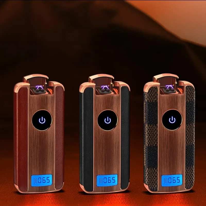 Luxury Arc Lighter Wireless Charging USB Rechargeable Lighter Leather Cover Touch Screen flameless Ignition Electric Lighter with Gift Box and Wireless Charger (Black-Black Leather)