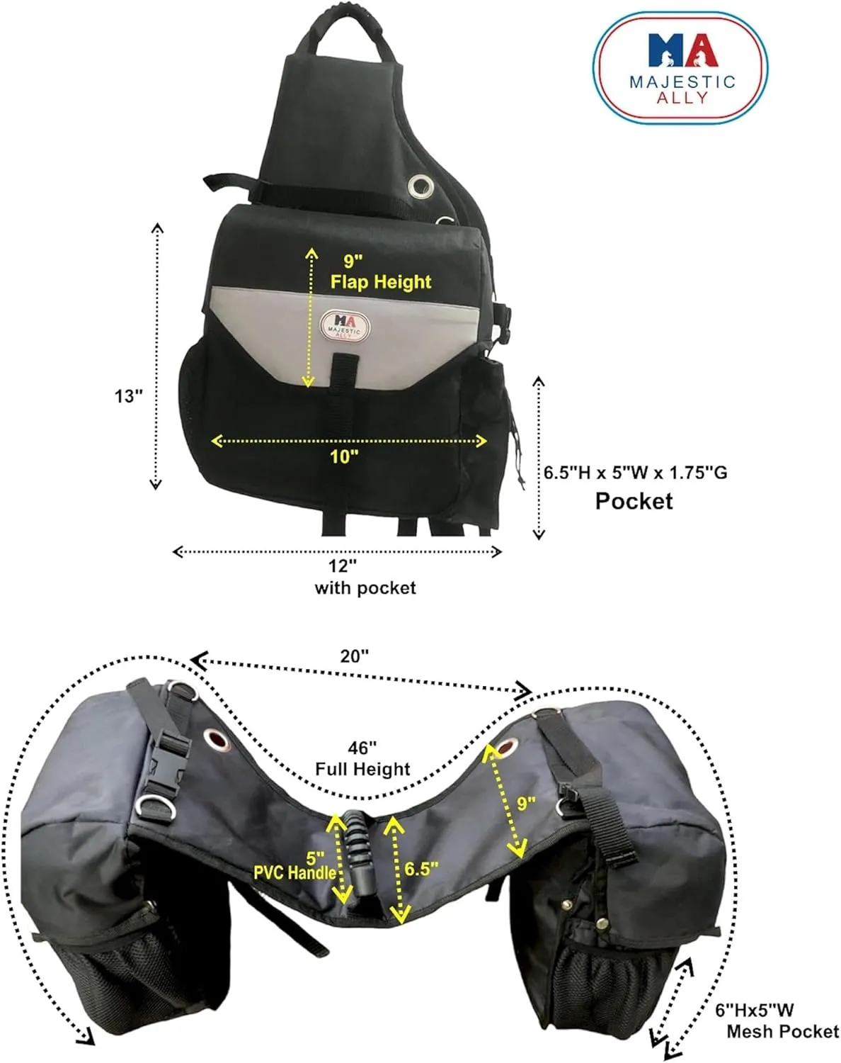 Majestic Ally Saddle Bag for Horses - Nylon Insulated Leakproof Cooler Reflective Padded with Pockets and Water Bottle Carrier Durable Saddle Bag (Black)