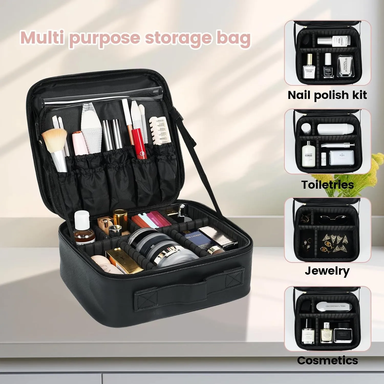 Makeup Bag,for Women Beauty，Train Case, Portable Makeup Artist Organizer with Adjustable Dividers, Large-Capacity Cosmetic Storage Bag, Makeup Brush Holder for Cosmetics, and Toiletries (black)