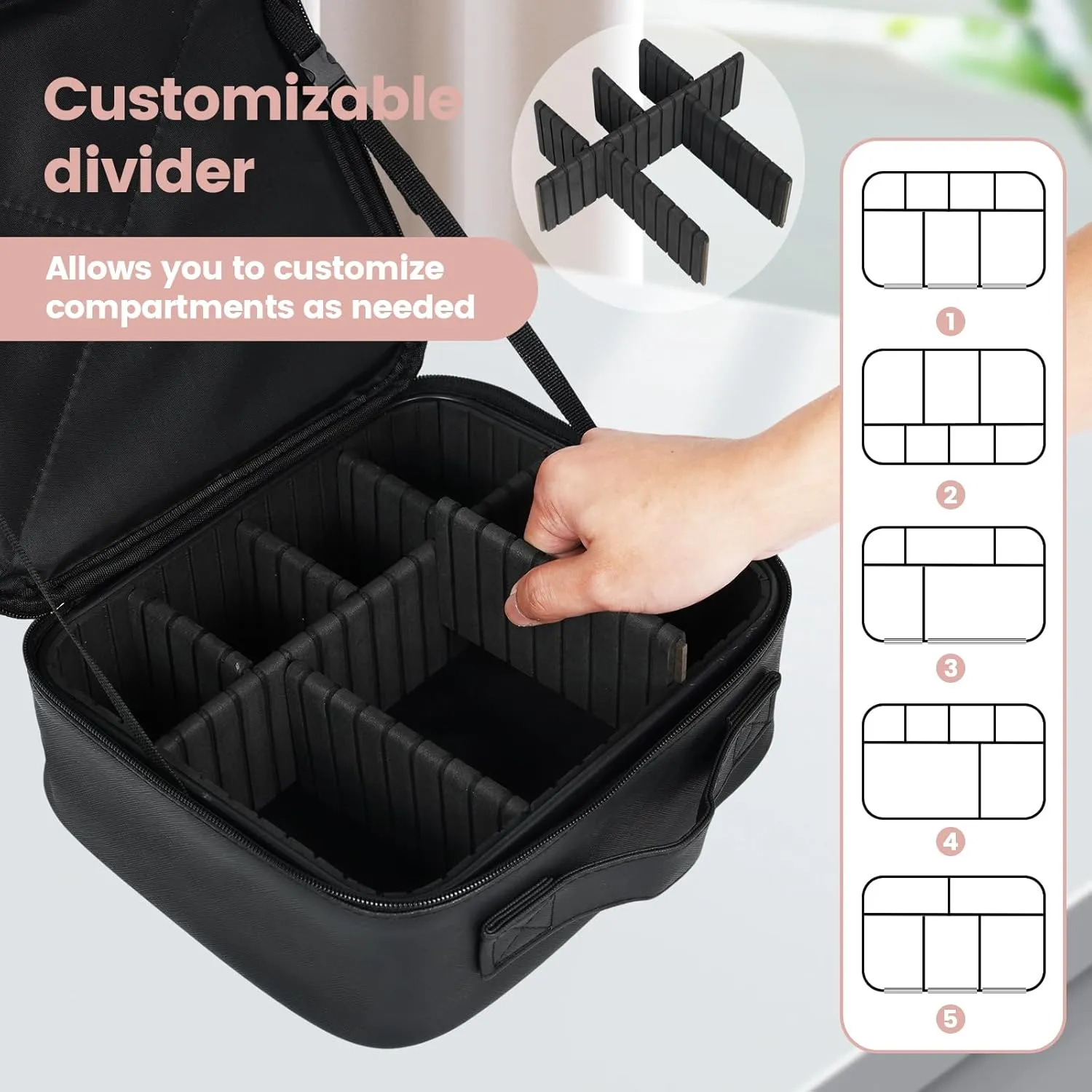 Makeup Bag,for Women Beauty，Train Case, Portable Makeup Artist Organizer with Adjustable Dividers, Large-Capacity Cosmetic Storage Bag, Makeup Brush Holder for Cosmetics, and Toiletries (black)