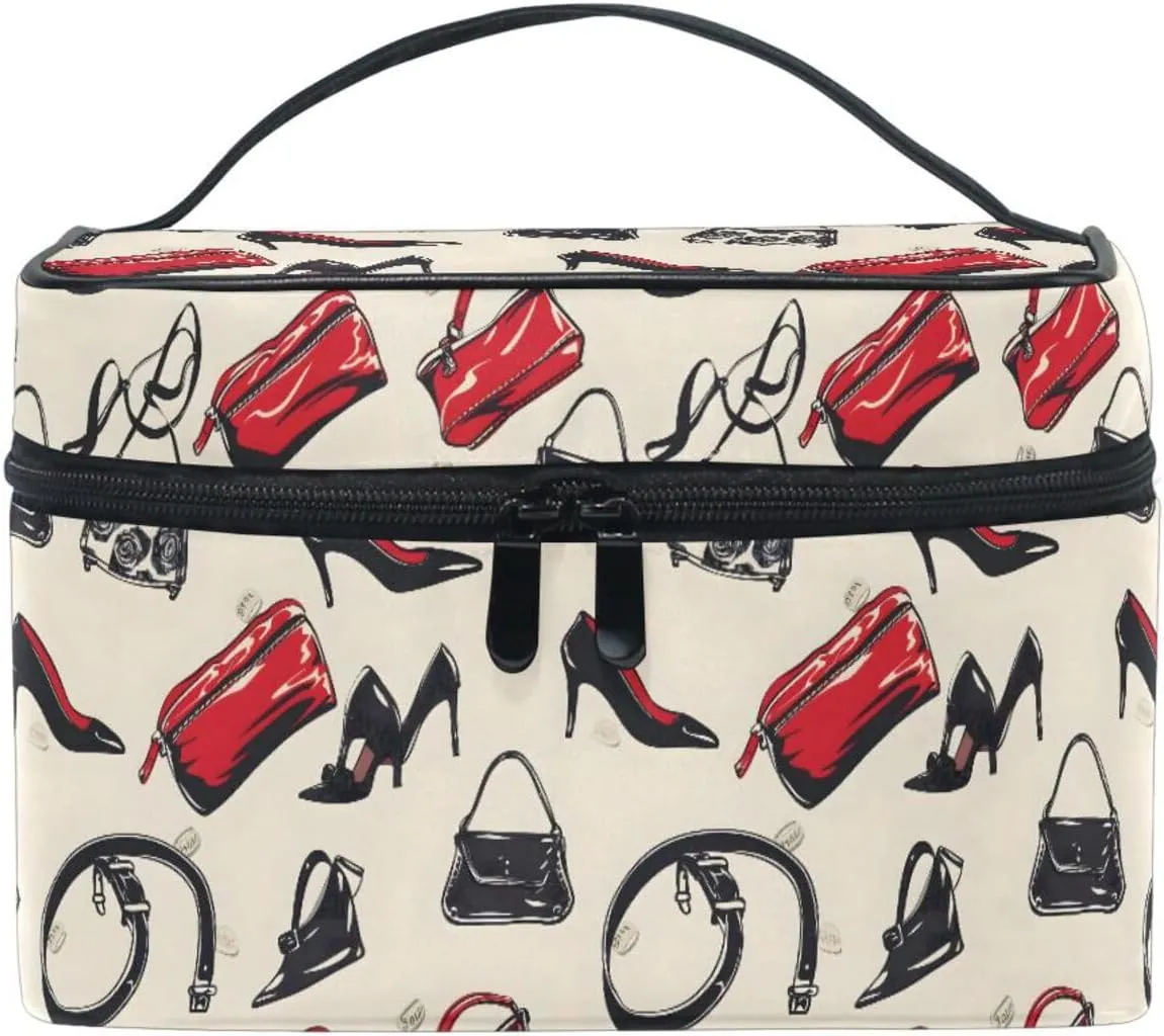 Makeup Train Case High Heels Handbags Print Carrying Portable Zip Travel Cosmetic Brush Bag Organizer Large for Women