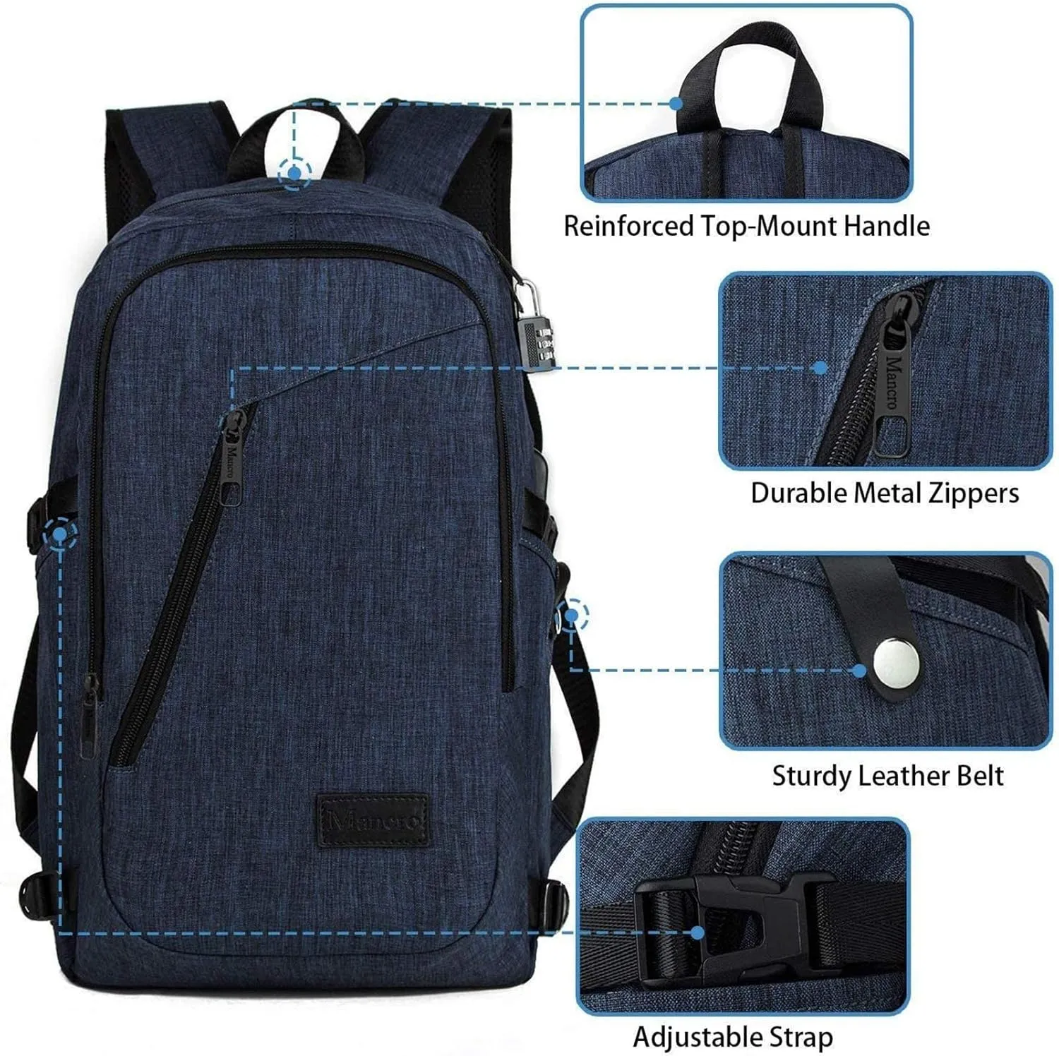 Mancro 17.3 in Business Laptop Backpack for Travel with USB Charging Port Anti-Theft Backpack with Lock Large Lightweight Computer Bag for Women Men, Blue