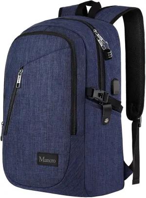 Mancro 17.3 in Business Laptop Backpack for Travel with USB Charging Port Anti-Theft Backpack with Lock Large Lightweight Computer Bag for Women Men, Blue
