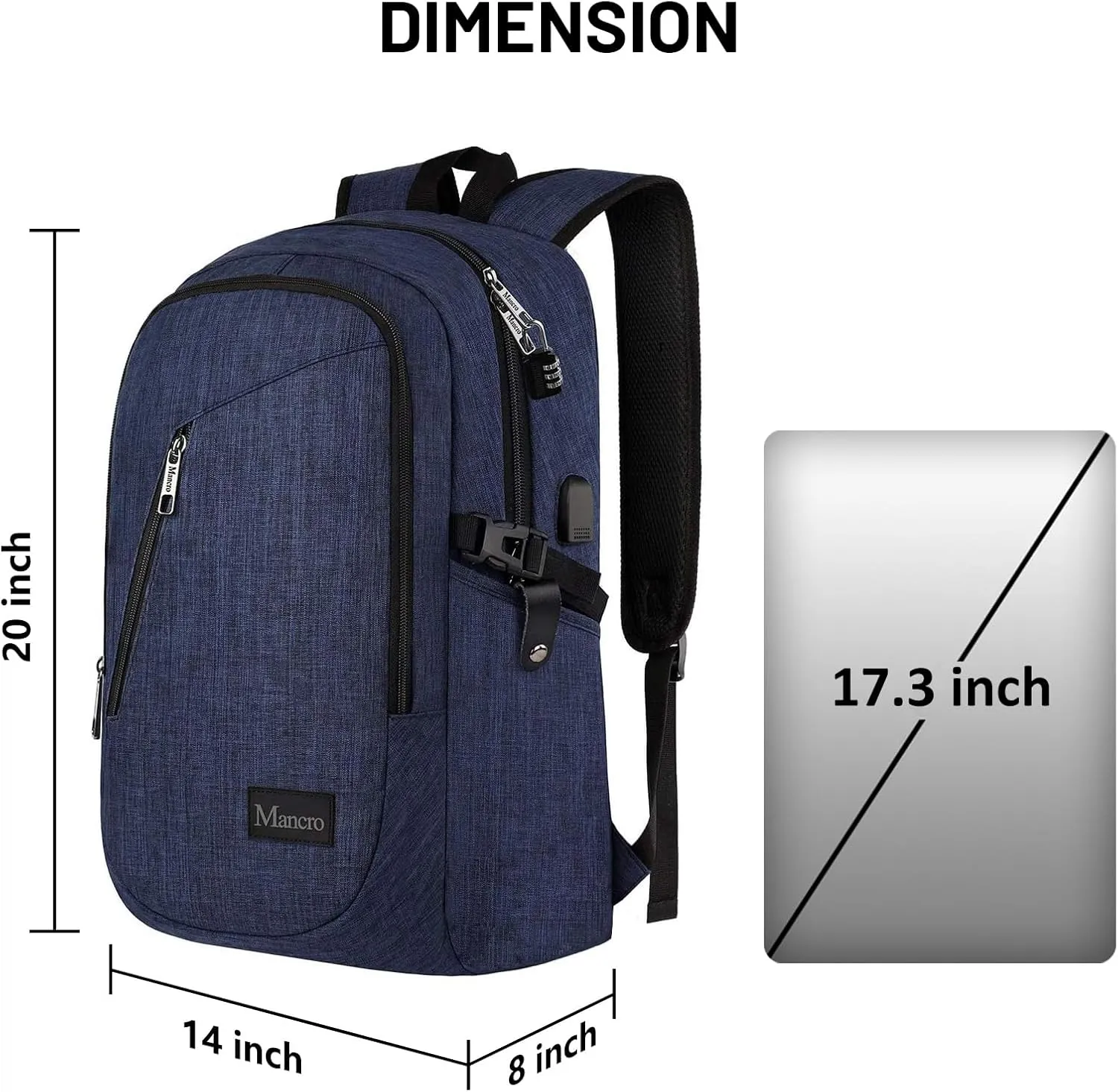 Mancro 17.3 in Business Laptop Backpack for Travel with USB Charging Port Anti-Theft Backpack with Lock Large Lightweight Computer Bag for Women Men, Blue