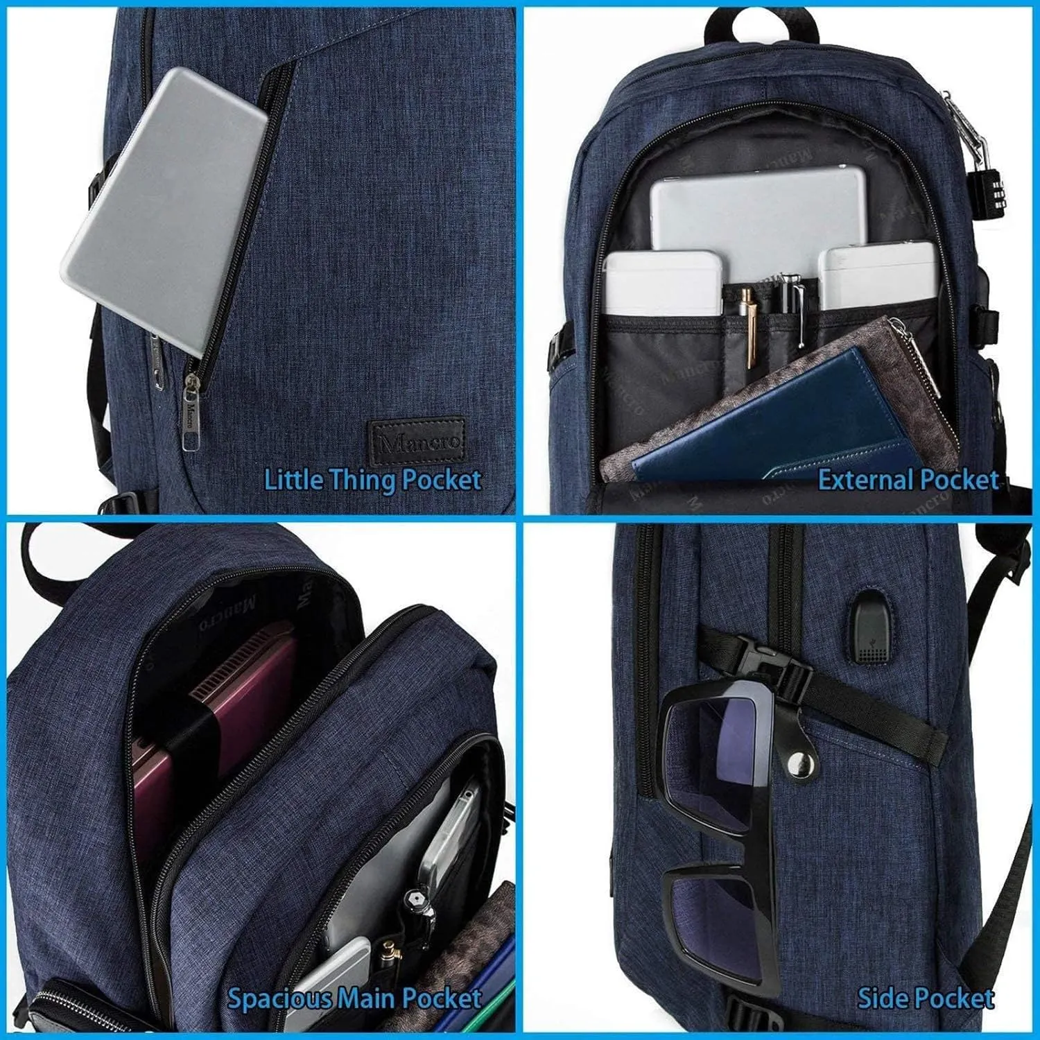 Mancro 17.3 in Business Laptop Backpack for Travel with USB Charging Port Anti-Theft Backpack with Lock Large Lightweight Computer Bag for Women Men, Blue