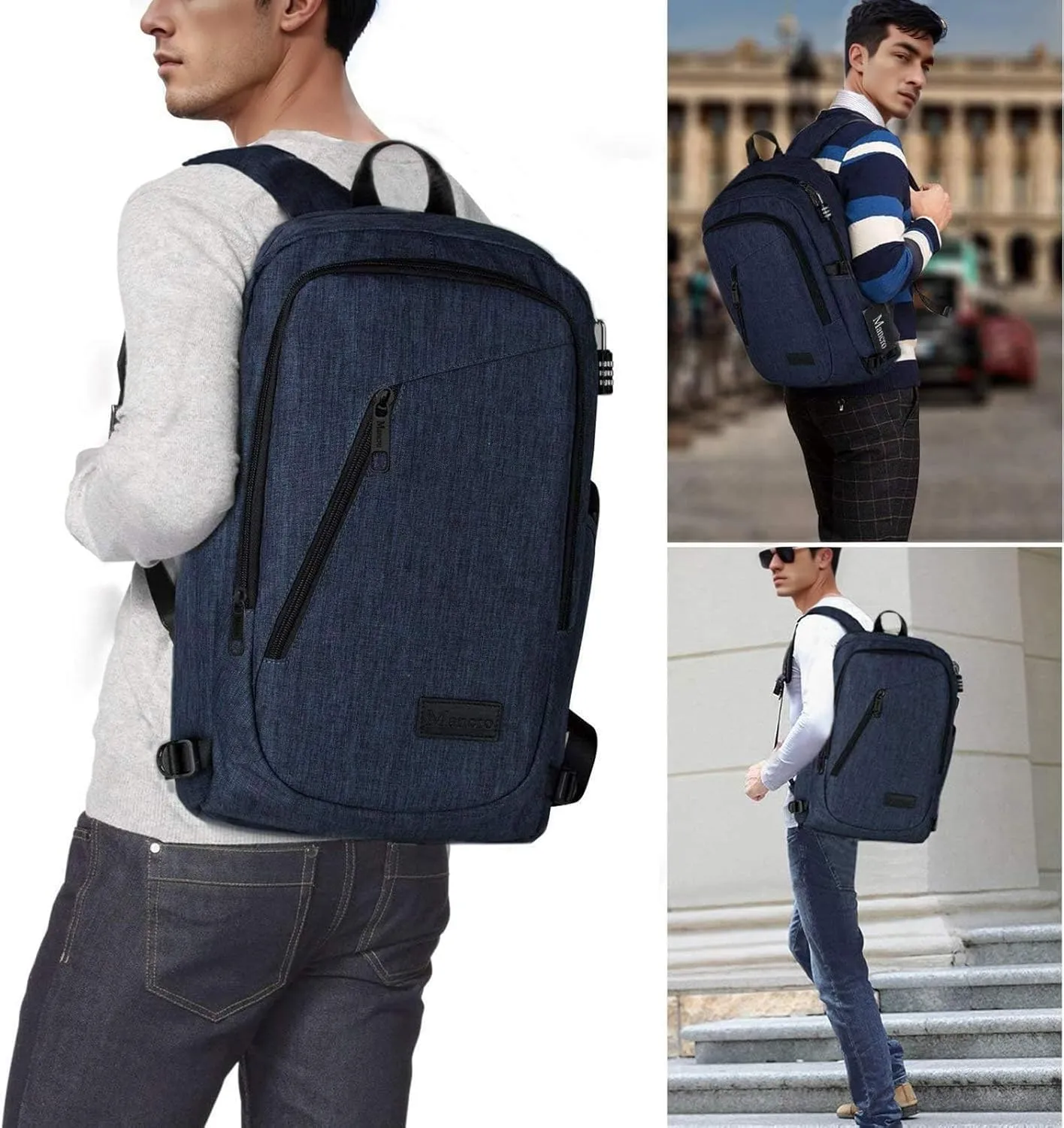 Mancro 17.3 in Business Laptop Backpack for Travel with USB Charging Port Anti-Theft Backpack with Lock Large Lightweight Computer Bag for Women Men, Blue